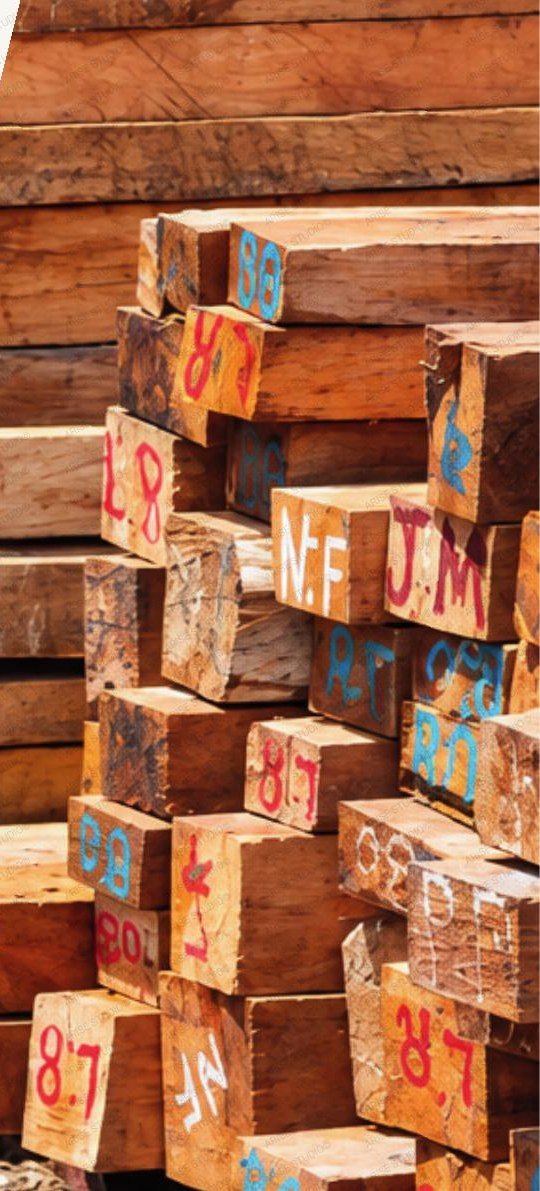 Selected teak timber stacks photographed in the Java Teak Wood company profile